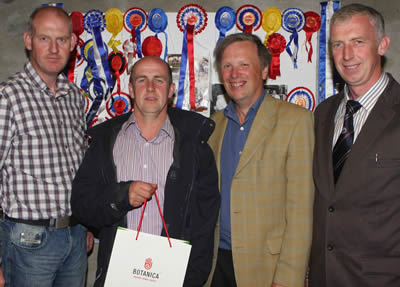 Jason Edgar, winner of the best bull at the NI British Blue Herds competition, with Judge Graham Brindley, sponsor Michael Lynch, Botanica and Ivan Gordon, vice chairman of the NI club, at the awards presentation evening held at James and Thomas Martin’s farm,  Newtownards, Co Down